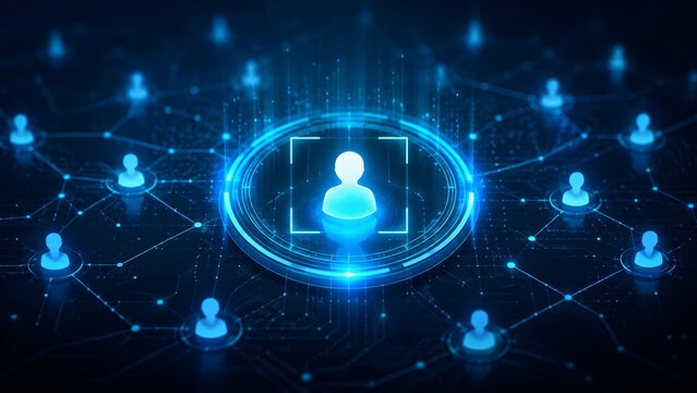 Digital user targeting and network connection concept with glowing blue human icon highlighted in futuristic cyber grid