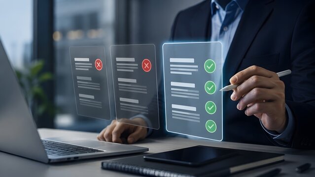 Businessman using stylus to review and approve digital documents on futuristic virtual holographic interface