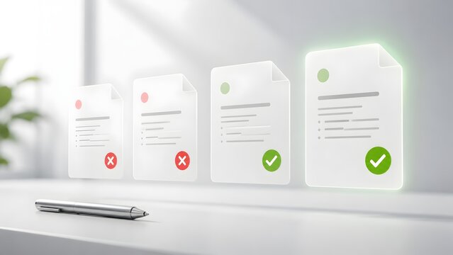 3D virtual document icons with red crosses and green checkmarks showing progression of approval and compliance checking