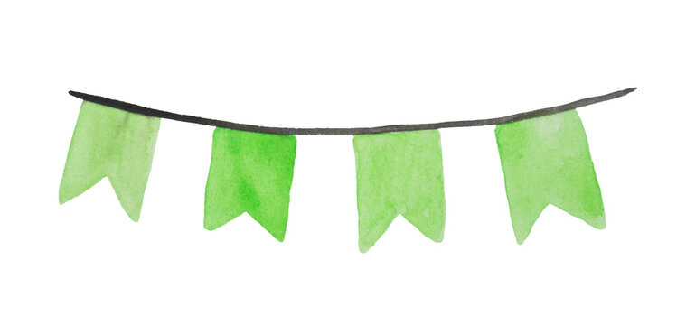 Hand-painted watercolor green bunting garland with hanging flags, isolated on a transparent background. Perfect for birthday parties, weddings, celebrations, invitations and festive decorations