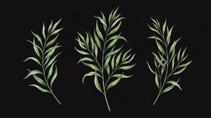 Fototapeta premium Three slender green leaf branches on black background.