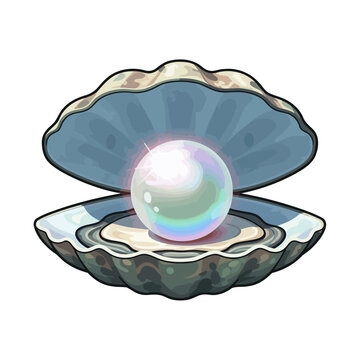 A glowing iridescent pearl rests inside an open seashell on a white background