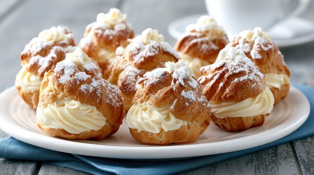 Group of fresh cream puffs on plate.