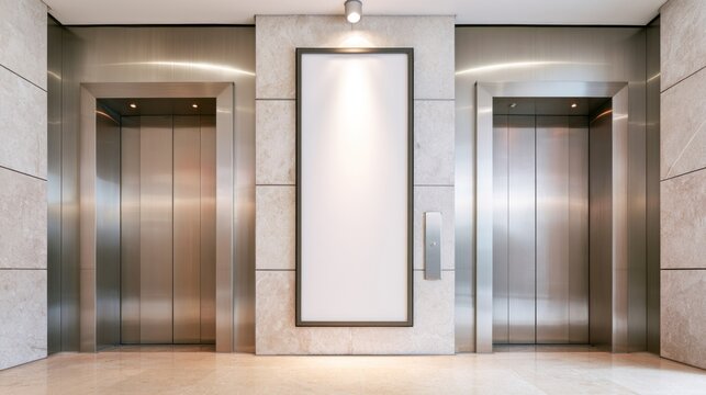 Interior elevator lobby with vertical blank poster mockup.