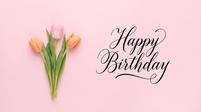 Beautiful bouquet of fresh spring tulips on a soft pink background with elegant black calligraphy text for a happy birthday greeting
