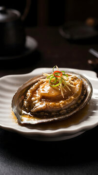 Steamed abalone with glossy garlic sauce and luxury seafood presentation