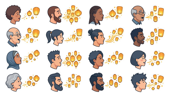 Elegant Diverse Illustrations of People Releasing Colorful Golden Lanterns into the Sky for Festive Celebrations