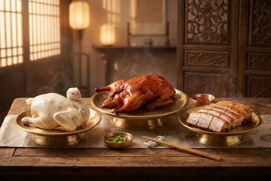 Traditional Sa Sae offering set with roast meats on polished brass platters