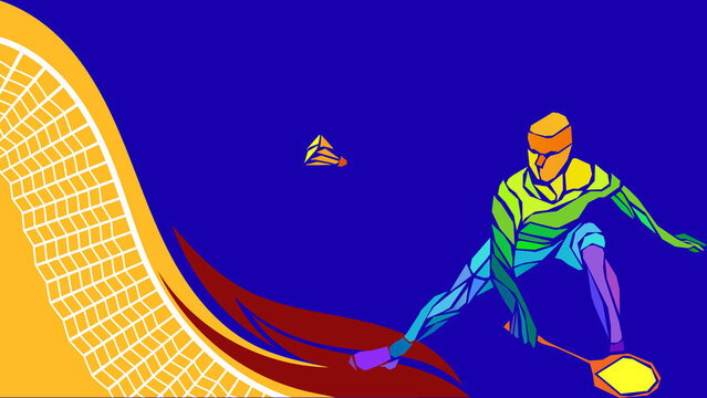 Colorful stylized badminton player in action reaching for low shot near court net