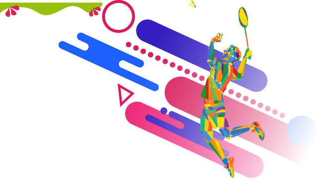 Colorful geometric polygon badminton player jumping for smash shot with abstract Memphis pattern background