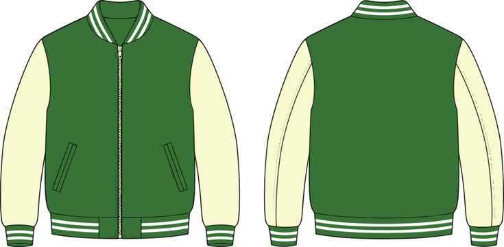 Green Varsity Jacket Vector Mockup Front and Back View Blank Letterman Bomber Jacket Template for Fashion Design and Apparel Mockups