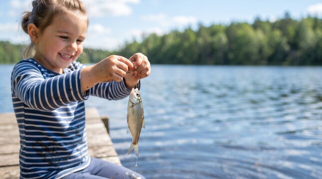 Young girl smiling while fishing by the lake on sunny day  