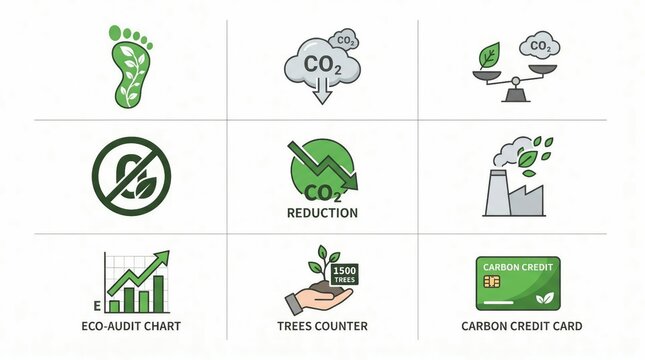 Collection of eco-friendly icons representing sustainability and carbon