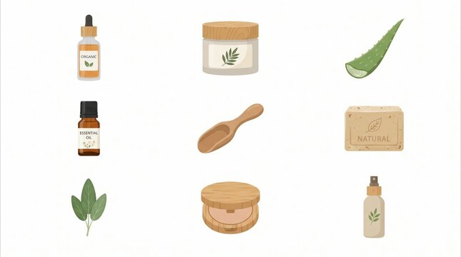 Assorted organic beauty products and natural ingredients on white background
