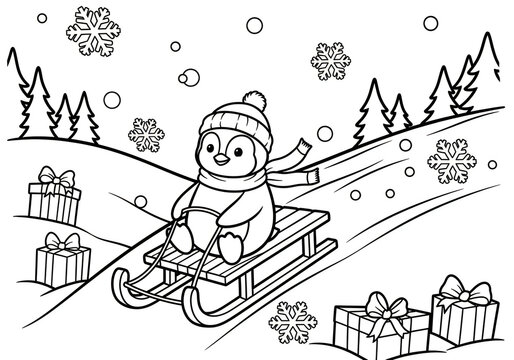 Cute little penguin riding a wooden sled in a snowy winter landscape colouring page for kids