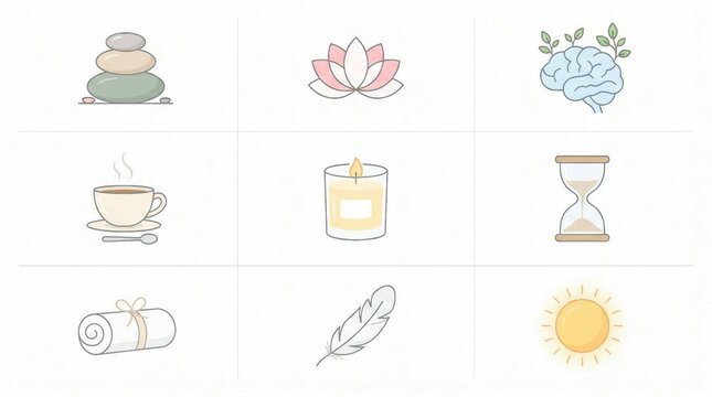 Illustration of stacked stones, lotus flower, brain, coffee, candle