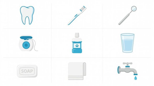 Flat lay of dental hygiene items including toothbrush, toothpaste, and floss