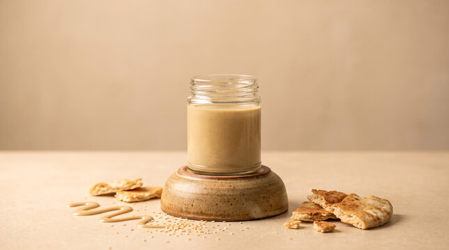 Clear glass jar of smooth tahini paste on a ceramic stand with pita bread and sesame seeds display