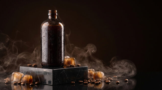 Cold brew coffee concentrate in amber glass bottle on marble stand with ice cubes and coffee beans