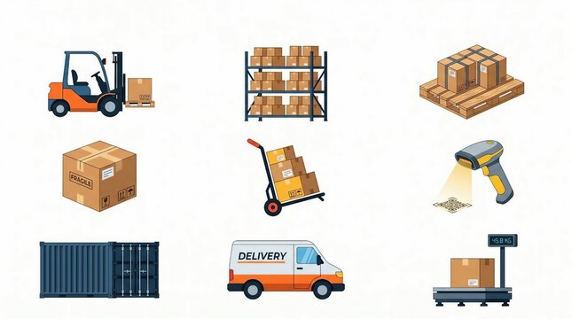 Warehouse logistics and delivery concept with forklift and boxes
