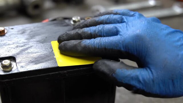 Mechanic hand glove blue battery maintenance tool yellow scraper cleaning surface, gloved hand pressing yellow card dirty black battery surface