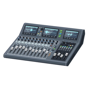 A professional digital audio mixing console isolated on a white background