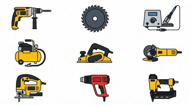 Collection of various power tools and equipment on white background