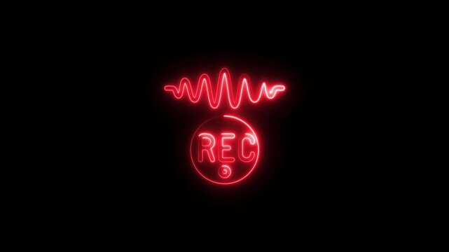 Neon rec recording sign with animated audio waveform, glowing red broadcast indicator for media production, live streaming, and studio isolated on black background