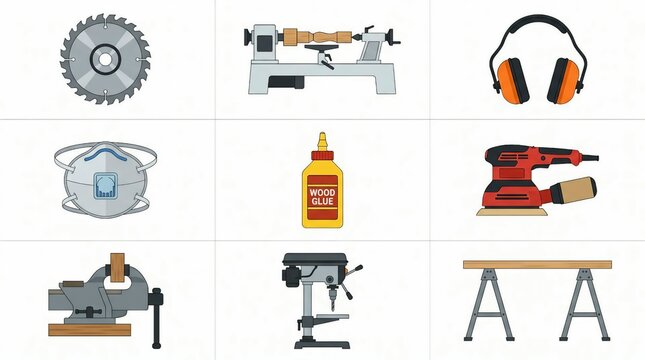 Woodworking tools and safety equipment in a workshop setting illustration