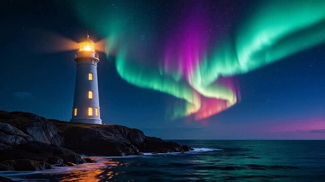 Lighthouse under northern lights