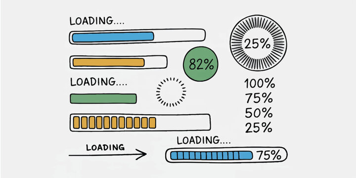 Set of hand drawn progress bar and loading indicators in different styles with percentage values on neutral greyish background.