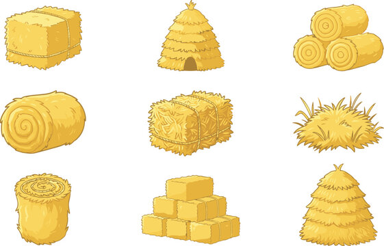 Hay Bale and Haystack Icon Set with Round and Square Straw Bundles Cartoon Vector Illustration for Farm Agriculture and Autumn Harvest Graphic Designs