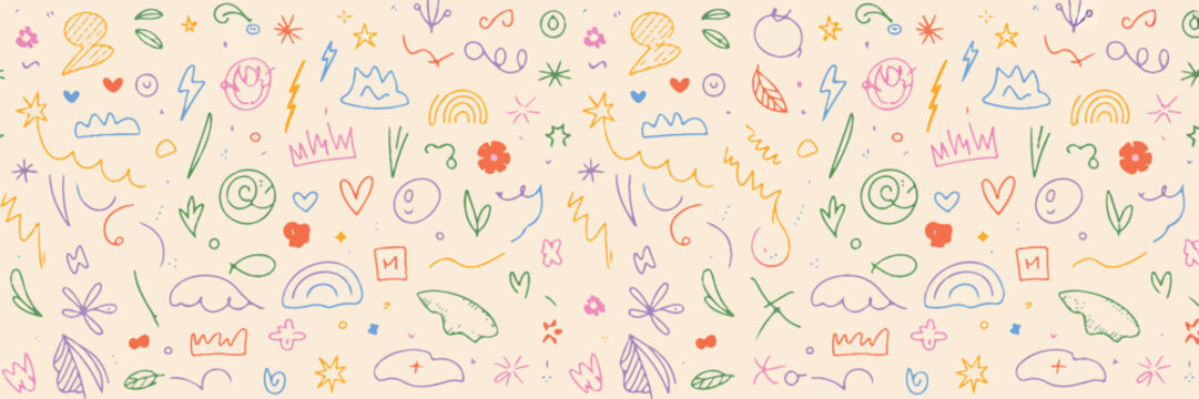 Colorful doodle pattern background featuring tiny celestial elements rainbows hearts and abstract scribbles in vibrant hues.