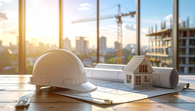 Architectural workspace with white hard hat, blueprints, house model, and drafting tools on a wooden desk. Blurred construction site background with cranes visible through large windows.