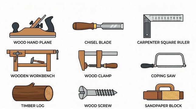 Illustration of various woodworking tools and materials on white background