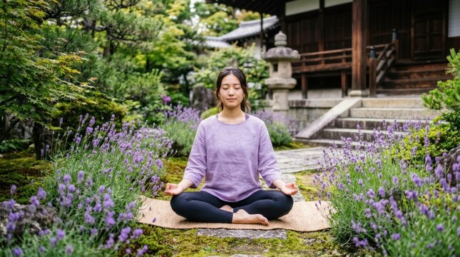 Young woman meditating peacefully in a serene Japanese garden surrounded by lavender