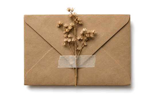 Rustic kraft paper envelope with dried flower sprig, envelope