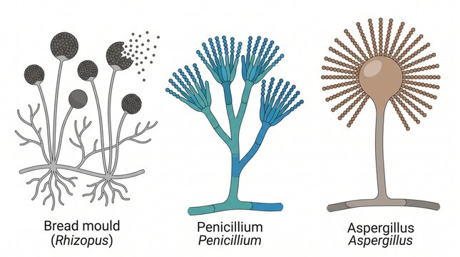 Scientific illustration showing three different types of common mold fungi