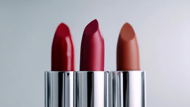 A close up of three lipsticks showcases bold red, classic pink, and natural nude colors in shiny metallic cases. This image captures current makeup trends and the allure of professional cosmetics