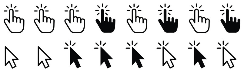 Arrow and hand pointer cursor icons with computer mouse click symbols for navigation, selection, and interface design
