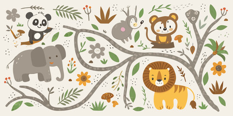Jungle animal illustration with panda elephant lion and monkey characters © Tapan