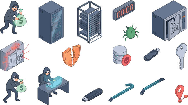 Isometric Cyber Crime Network Security Breach Icon Set with Hacker Thief Characters Database Server Broken Shield Malware Safe Lock System for Protection Infographics,