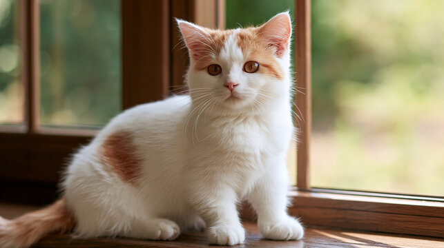 Munchkin cat with visible short legs sitting on window sill in soft daylight
