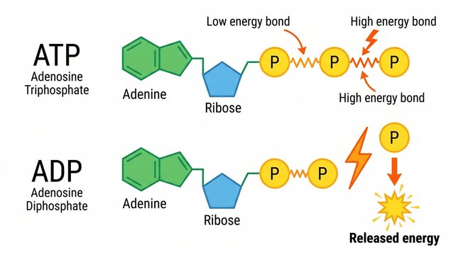 Atp and adp molecular energy conversion process chart with molecular, chemistry