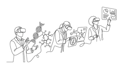 Obraz premium Continuous line drawing of scientists using virtual reality technology for research.