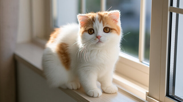 Munchkin cat with visible short legs sitting on window sill in soft daylight