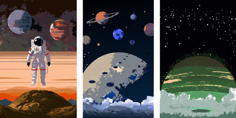Retro Sci fi Planet And Astronaut Vector Illustrations Three Vertical Designs © Tapan