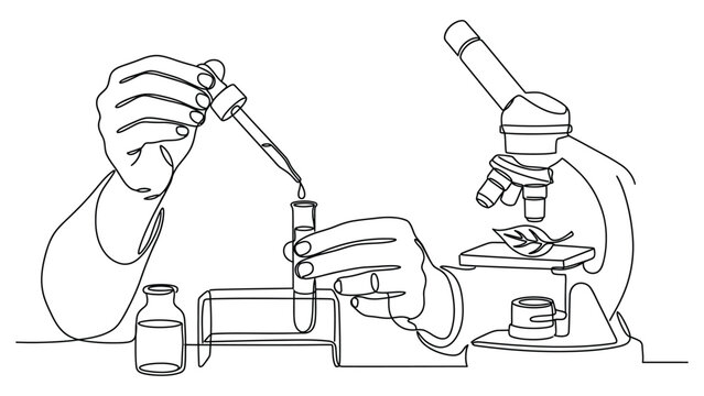 Continuous line drawing of scientist performing biological research with microscope and pipette.
