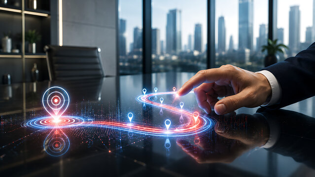 Business hand selecting glowing digital route map in modern office representing strategic planning location technology logistics navigation and corporate decision making process concept