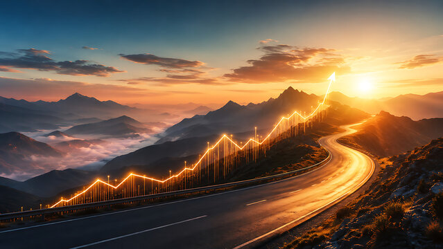 Golden mountain highway with rising financial chart symbolizing investment growth business success economic progress strategic planning and optimistic journey toward future achievement concept